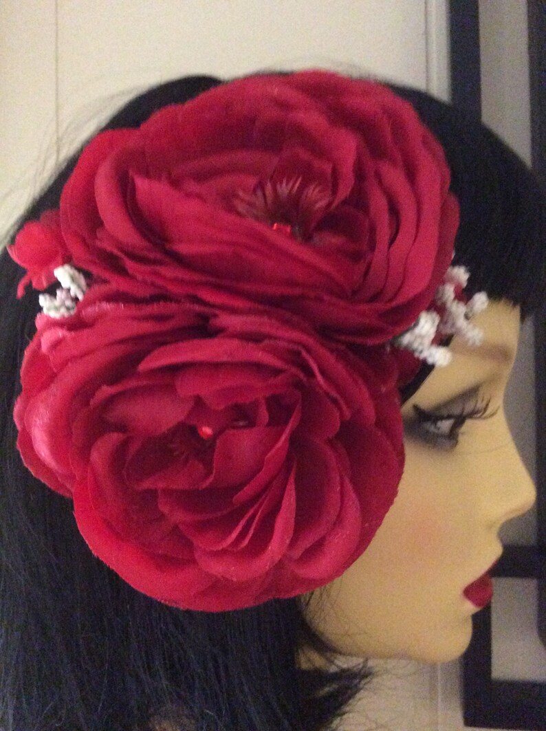 Double Red Rose Rockabilly Pinup Hair Flower Clip VLV