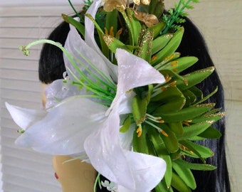 Double White Tiger Lilly Tiki Hawaiian Hair Flower Wedding Prom Pinup