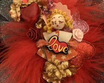 Vintage Valentine Spun Cotton Corsage Pin Brooch/ 1950s Style Red Valentine Corsage/ Valentine's Day Corsage Retro Hearts/
