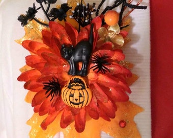 Vintage Jack O Lantern Corsage Pin/Mid Century Scardy Cat on Pumpkin Corsage Pin Brooch/Halloween Corsage