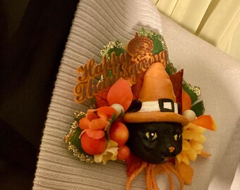 Vintage Style Thanksgiving Pilgrim Cat Corsage Harvest Pin Brooch