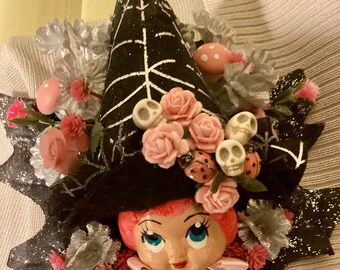 Vintage Style Witch Corsage Halloween Bats Pin Brooch