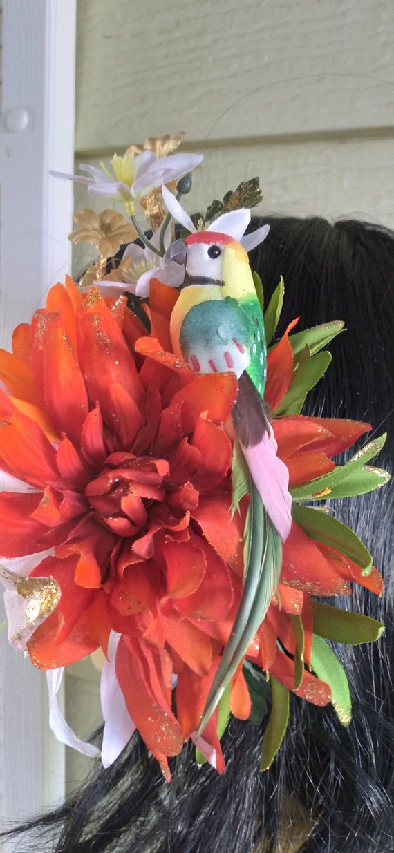 Tiki Hair Flower Clip/ Tropical Parrot Hair Flower Clip - Etsy display picture 3