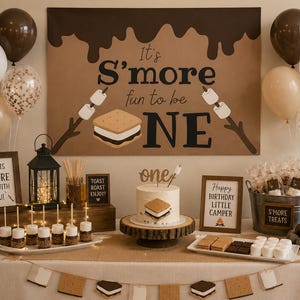 S'more Fun To Be ONE Banner / S'mores First Birthday Party Decor / Camping Birthday Backdrop / Rustic Birthday Banner / Campfire Theme Party