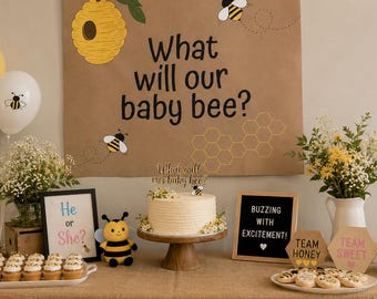 Bee Gender Reveal / What Will Our Baby Bee / Bumble Bee Baby Shower Backdrop / Neutral Gender Reveal Decoration / Personalized Bee Theme