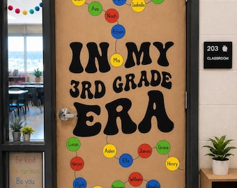 May include: A classroom door decorated with brown paper featuring the black text IN MY 3RD GRADE ERA. The door includes a network of colorful circles, each containing a student name, connected by black lines to form a branching diagram.