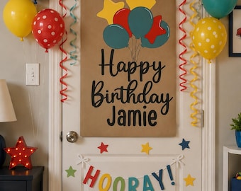 Personalized Birthday Door Banner / Custom Birthday Balloon Welcome Sign / Hand Painted Door Decoration / Front Door Party Decor / Custom