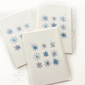 Tarjeta hecha a mano / Pintada a mano / Interior en blanco / Tarjeta de Navidad / Copos de nieve / Invierno / Azul / Vacaciones / Tarjeta en blanco con sobre / Tarjeta plegada