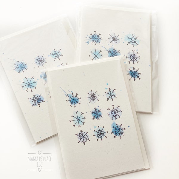 Handmade Card / Hand Painted / Blank Inside / Christmas Card / Snowflakes / Winter / Blue / Holiday / Blank Card with Envelope / Folded Card