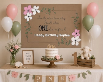 ONEderful eerste verjaardag banner / bloemen verjaardag achtergrond / decor voor een lief meisje / boho bloemen achtergrond / gepersonaliseerd verjaardagsbord
