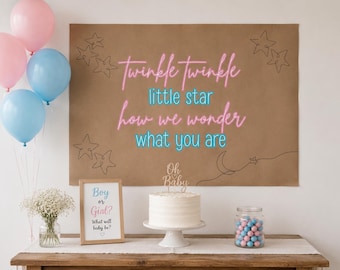May include: A brown paper backdrop featuring the pink and blue neon-style text Twinkle Twinkle little star how we wonder what you are with star and moon line art. Includes a white cake with an Oh Baby topper, a sign reading Boy or Girl?