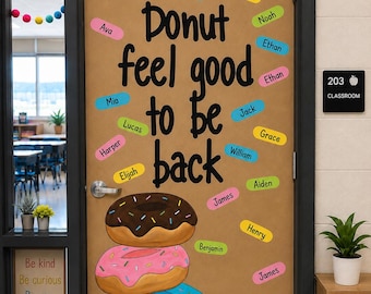 May include: A classroom door decorated with brown paper featuring the black text Donut feel good to be back. Below the text are three stacked donuts with chocolate, pink, and blue frosting. Surrounding the donuts are colorful name labels.