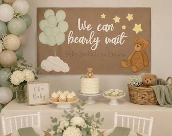 We Can Bearly Wait Baby Shower Banner / Teddy Bear Baby Shower Backdrop / Neutral baby Shower Decor / Hand Painted Bear Banner / Custom Sign