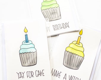 Handmade Card / Hand Painted / Birthday Card / Blank Inside / Watercolor / Happy Birthday / Cupcake / Blank Card with Envelope / Folded Card