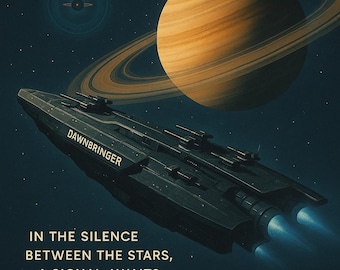 May include: A science fiction poster featuring a spaceship, planet, and text. The dark gray spaceship is labeled "DAWNBRINGER" and has blue exhaust. The planet has rings. Text includes "IN THE SILENCE BETWEEN THE STARS, A SIGNAL AWAITS" and "SEAN MAHANNAH".