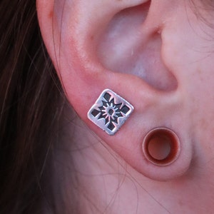 Silver Quilt Squares Stud Earrings by Mindful Adornment - Geometric Stud Earrings, Small Stud Earrings, Sterling Silver Studs, quilt pattern