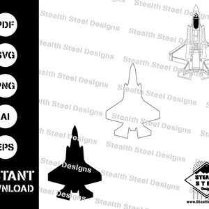 May include: A digital download of a black and white outline of a fighter jet. The image includes the words "Stealth Steel Designs" repeated multiple times. The image also includes the words "PDF, SVG, PNG, AI, EPS, INSTANT DOWNLOAD" in white circles on a black background.