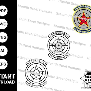 May include: Three black and white vector illustrations of the 64th Aggressor Squadron logo. The logo features a star with a plus sign in the center, surrounded by a circle with the words "Aggressors" and "64th Aggressor Sq." The logo is in a circle with a gray background.