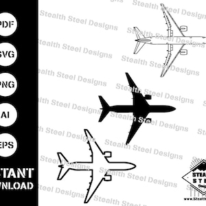 Könnte beinhalten: Eine schwarz-weiße Silhouette eines Flugzeugs, mit dem Text "Stealth Steel Designs" mehrmals um das Bild herum wiederholt. Das Bild ist in den Formaten PDF, SVG, PNG, AI und EPS verfügbar.
