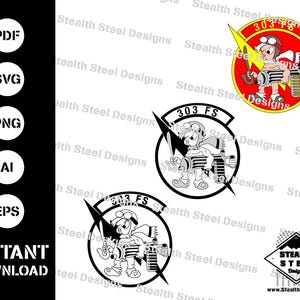 May include: Black and white vector illustration of a cartoon character wearing a helmet and holding a gun. The character is standing in front of a lightning bolt and the text "303 FS" is above the character. The image is a design for a patch or decal.