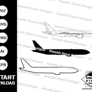 Könnte beinhalten: Schwarz-weiß-Linienzeichnung eines Verkehrsflugzeugs. Das Flugzeug ist in Seitenansicht mit ausgebreiteten Flügeln dargestellt. Die Illustration eignet sich als digitaler Download für Bastelprojekte.