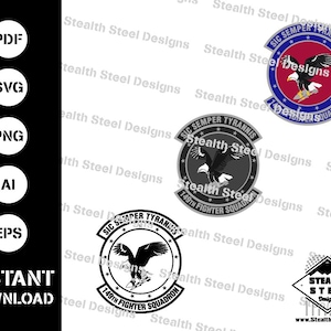 May include: A black and white graphic design of a military emblem with an eagle and the text "SIC SEMPER TYRANNIS 149TH FIGHTER SQUADRON".