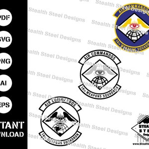 May include: Black and white vector graphic design of a military insignia. The insignia is a diamond shape with a globe, wings, and an eye in the centre. The text "AIR COMMANDOS 14TH WEAPONS SQUADRON" surrounds the diamond.