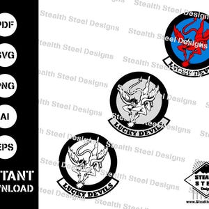 May include: Three black and white digital downloads of a vintage military squadron patch with a devil holding a lightning bolt and the text "Lucky Devils".