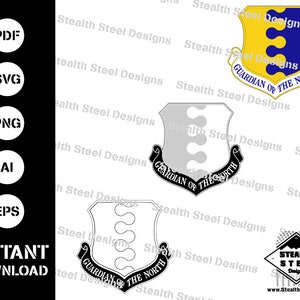 May include: A digital download of a vector graphic design featuring a shield with the text "Guardian of the North" and a stylised design of a snowflake. The shield is in black, white, and grey. The design is available in PDF, SVG, PNG, AI, and EPS formats.