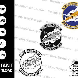 May include: Three black and white vector illustrations of the 40th Airlift Squadron patch. The patch features a stylised eagle with the words "Screaming Eagles" and "40th Airlift Squadron".