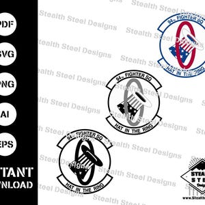 Könnte beinhalten: Ein schwarz-weißes Grafikdesign eines militärischen Geschwaderabzeichens. Das Abzeichen ist ein Kreis mit einem rot-weiß-blauen Hut darin. Der Text "94th Fighter SQ" und "Hat in the Ring" ist um den Kreis herum geschrieben.