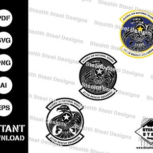 May include: Digital download graphic featuring Alaska Air National Guard emblems. Includes designs for the 211th Rescue Squadron in various formats: PDF, SVG, PNG, AI, and EPS. The emblems feature a stylized eagle and text.