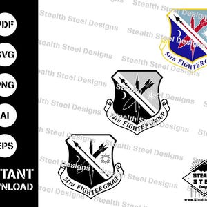 May include: A digital download of three different versions of the 54th Fighter Group emblem. The emblem is a shield with a lightning bolt and arrows, and the text "54th Fighter Group". The three versions are in black and white, gray and white, and blue, red, and yellow.