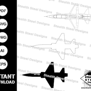 Könnte beinhalten: Eine Schwarzweiß-Zeichnung eines Düsenflugzeugs, eine Silhouette desselben Flugzeugs und der Text "Stealth Steel Designs", der mehrmals wiederholt wird. Das Bild enthält auch ein Logo für "Stealth Steel Designs" mit dem Text "Stealth Steel Designs" und einer Website-Adresse.