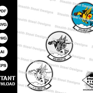 May include: A set of three digital downloads featuring a cartoon Pegasus pulling a medical cart with a red cross. The Pegasus is flying in a blue sky with white clouds. The text "8th Airlift SQ" is on the bottom of the circle.