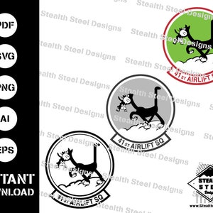 May include: Black and white digital download of a cartoon cat carrying a smaller cat. The cat is wearing a military uniform and the text "41st Airlift SQ" is on a circle around the cat.