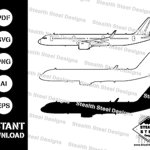 Könnte beinhalten: Schwarz-Weiß-Illustrationen von Flugzeugen, darunter eine detaillierte Umrisszeichnung und eine Silhouette. Die Abbildung enthält Dateityp-Symbole und den Text "INSTANT DOWNLOAD". Das Logo von Stealth Steel Designs befindet sich unten rechts.