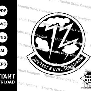 May include: Black and white vector graphic of a military squadron patch. The patch features a lightning bolt with clouds and the text "720 TEST & EVAL SQUADRON".
