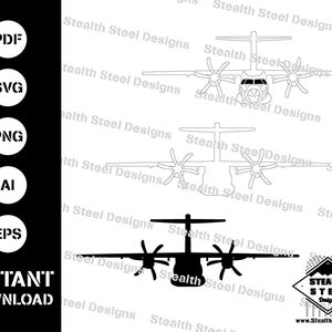 Könnte beinhalten: Eine Schwarzweiß-Linienzeichnung eines Turboprop-Flugzeugs mit vier Propellern. Das Flugzeug ist nach vorne gerichtet, mit der Nase zum Betrachter. Das Bild ist ein digitaler Download und enthält den Text "Stealth Steel Designs".