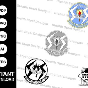 May include: A set of four digital downloads of a black and white, gray, and blue graphic design of the 47th Student Squadron emblem. The emblem features a lightning bolt with a torch and wings. The text "47th Student Squadron" is written in a circular arc around the emblem.