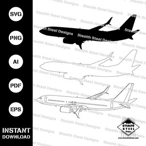 May include: A black and white outline drawing of a Boeing 737-800 aeroplane. The drawing is in a side view, with the wings and tail visible. The drawing is on a white background.