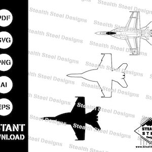 May include: A black and white line drawing of a fighter jet, with a solid black silhouette of the same jet below it. The image includes the text "Stealth Steel Designs" repeated multiple times.
