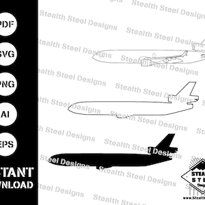 May include: A black and white line drawing and a solid black silhouette of a McDonnell Douglas MD-11 airplane. The image includes the text "Stealth Steel Designs" repeated multiple times.