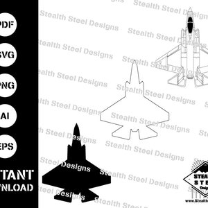 May include: A digital download of a black and white outline of an F-35 fighter jet. The image is available in PDF, SVG, PNG, AI, and EPS formats. The image is surrounded by the text "Stealth Steel Designs".