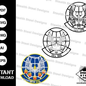 May include: A digital download of two vector graphics depicting the 15th SOS emblem. The emblem features a globe with a stylized eagle and flames. The text "15th SOS" is displayed below the globe. The graphics are available in black and white and color.