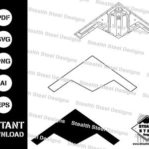 Puede incluir: Diseños digitales en blanco y negro de un bombardero furtivo en varios estilos. La imagen incluye los textos "PDF", "SVG", "PNG", "AI" y "EPS", junto con "INSTANT DOWNLOAD" y el logotipo de Stealth Steel Designs.