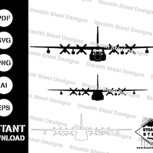 May include: Black and white silhouette of a C-130 Hercules aircraft. The aircraft is facing forward with its wings spread out. The image includes the text "Stealth Steel Designs" and a logo with the text "Stealth Steel Designs".