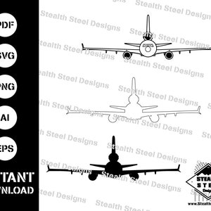 May include: A black and white outline of a commercial airplane, viewed from the side. The airplane is facing to the right. The image is a digital download and includes the file formats PDF, SVG, PNG, AI, and EPS.