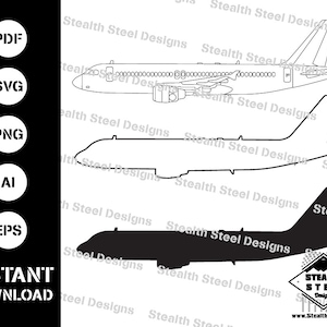 Könnte beinhalten: Eine Schwarzweiß-Zeichnung eines Flugzeugs, eine Silhouette desselben Flugzeugs und der Text "Stealth Steel Designs".
