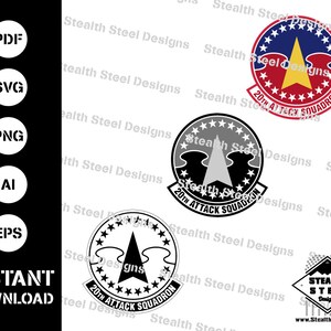 May include: A set of three digital downloads of a military squadron logo. The logo features a stylized star with three clouds behind it. The logo is in black and white, gray, and red, white, and blue. The text on the logo reads "20th Attack Squadron".